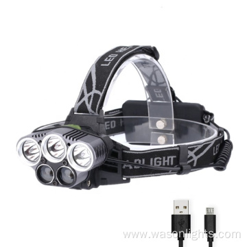 Factory Wholesale High Quality 5LED Most Powerful Adjustable Strong Light Rechargeable Led Headlamp Torch With Tail Safety Light